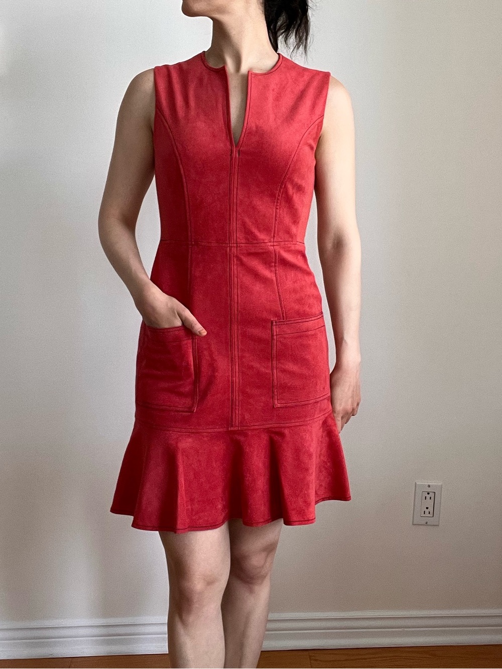 BCBGMaxAzria Red Sleeveless Ruffle-Hem short Dress